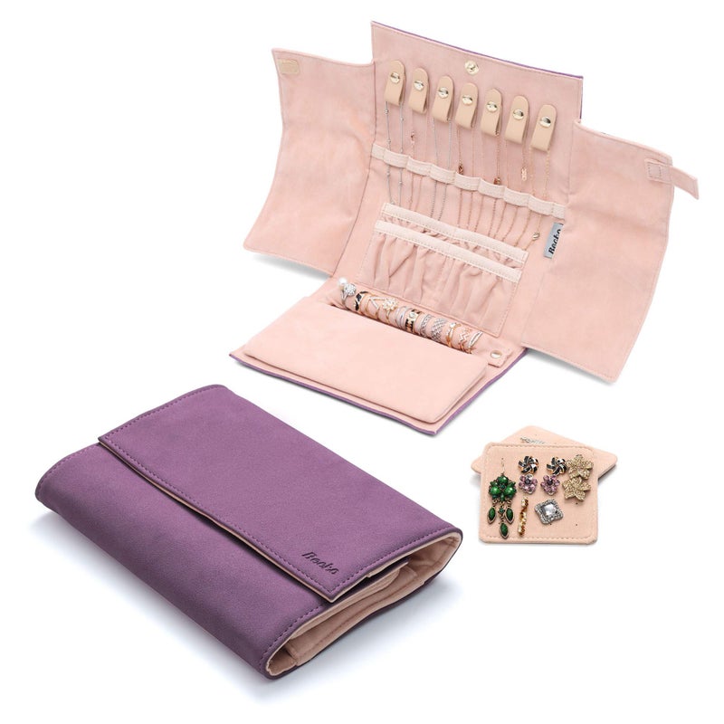 Becko US Jewelry Organizer Roll Travel Jewel Bag case for Multiple Necklaces, Rings, Bracelets, Supple Leather & Suede, Large Capacity Without Crease, Lightweight, Portable & Practical (Purple) - Image 5